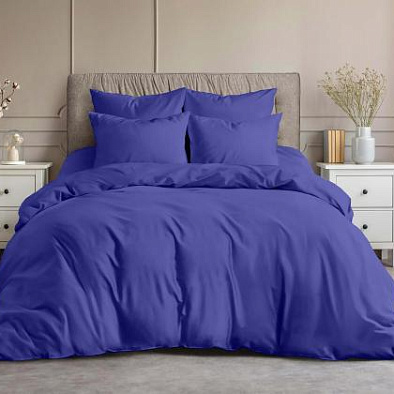 Однотонное синее постельное белье с простыней на резинке